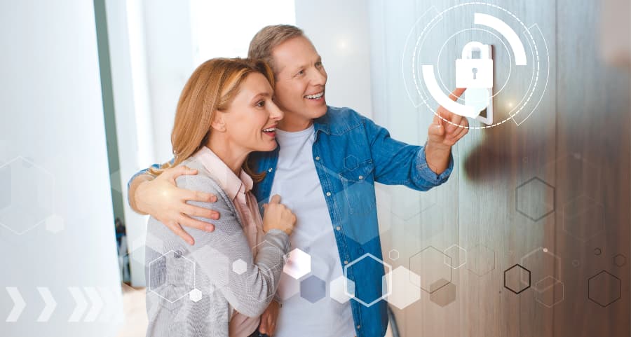 Residents exploring an advanced home security system